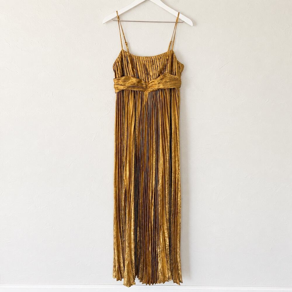 VICI Gold Plisse Pleated Maxi Dress Medium Metallic Wedding Guest